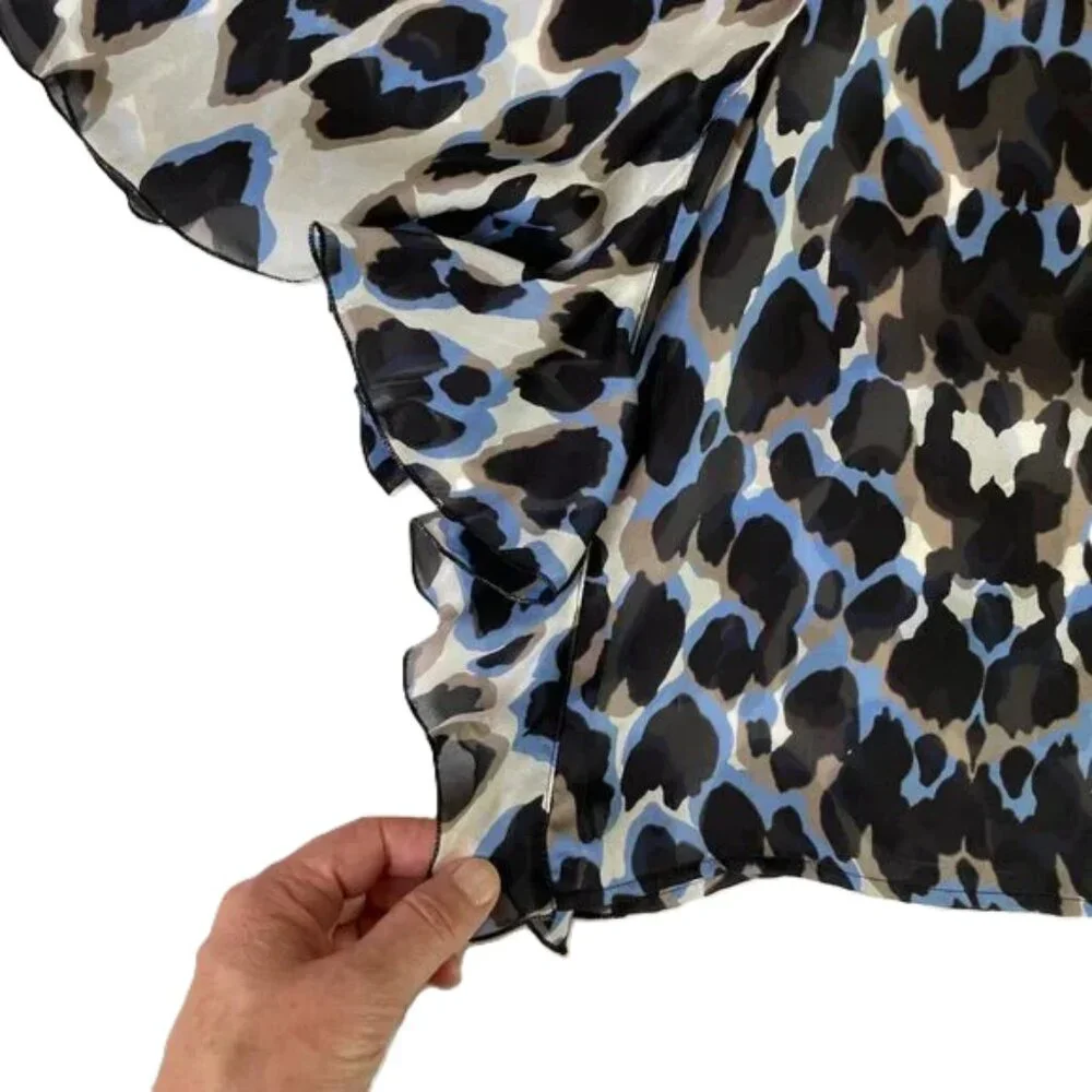 Robert Cavalli Blue Black Leopard Print Silk Blouse Bell Sleeve Sheer Size XS - Picture 7 of 13